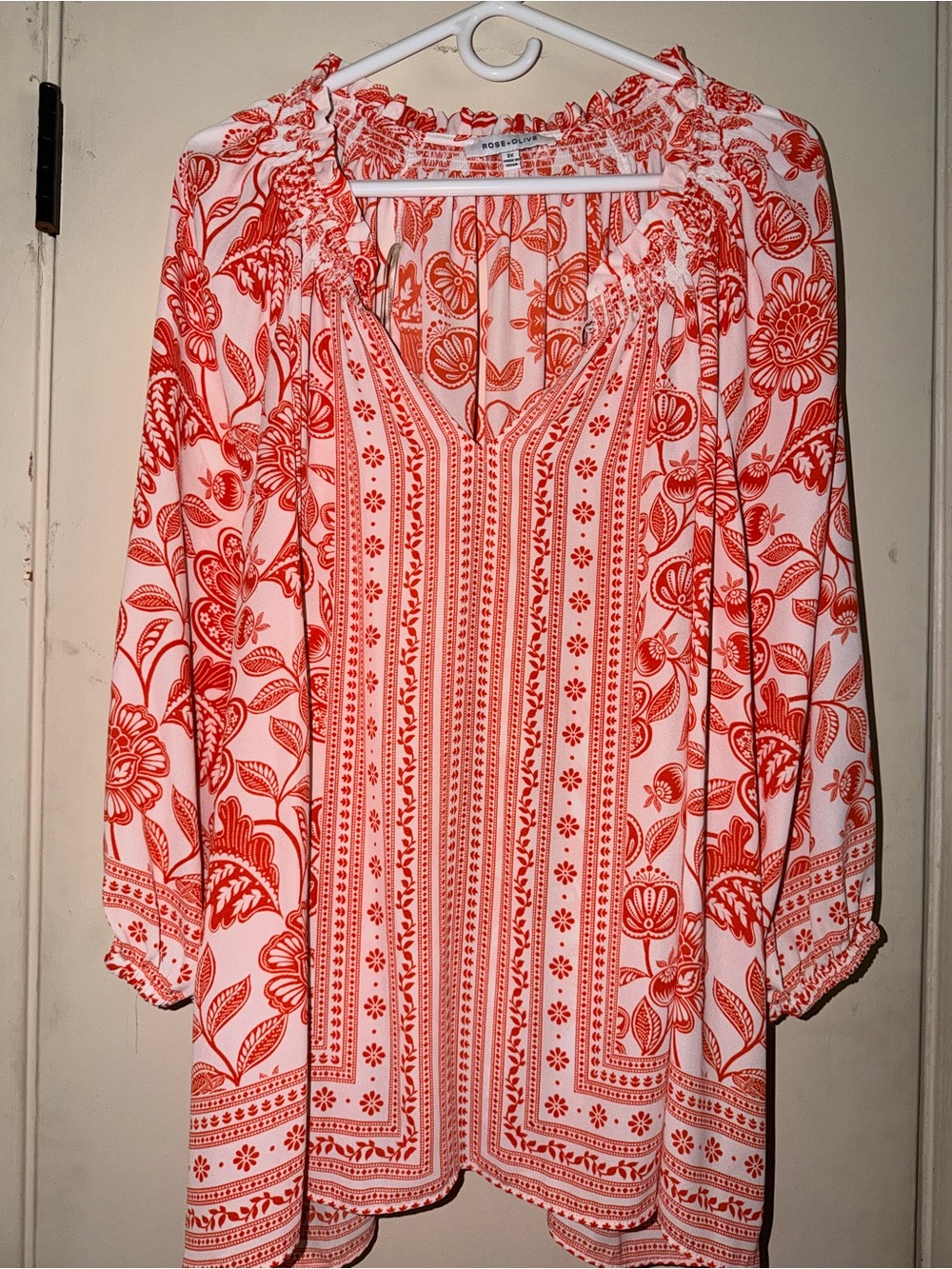 Rose & Olive White Tunic with Red Floral Print